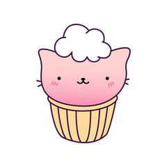 Hand drawn illustration of a kawaii funny cupcake with cat ears.