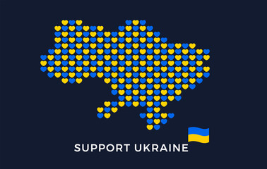 Ukraine graphic design for t-shirt - Abstract ukraine map in blue and yellow hearts with Ukrainian flag - Unity and Support concept