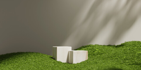 3D display podium beige background with natural green grass and sun shadow. Nature minimal wood pedestal, beauty, cosmetic product presentation. Spring, summer landscape banner template 3d render.