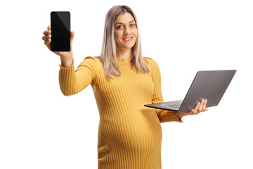 Pregnant woman holding a laptop computer and a smartphone