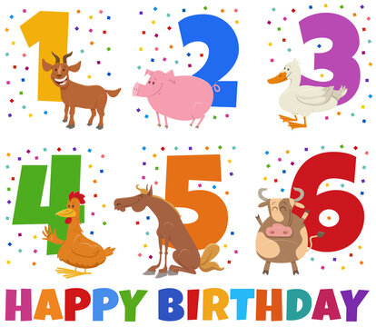 birthday greeting cards set with cartoon farm animal characters