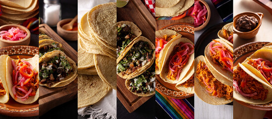 Collage of different assortment of mexican Tacos, street food made with corn tortillas.