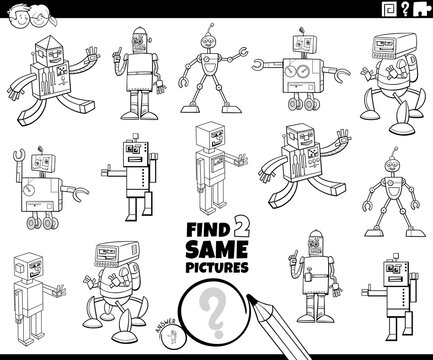 find two same cartoon robot characters task coloring book page