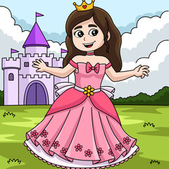 Obraz na płótnie Canvas Princess In front of the Castle Colored Cartoon 