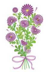 Full bloom bouquet of purple flowers with ribbon. Illustration of meadow or garden violet flowers on stems with leaves.