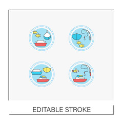  Fishing industry concept icons set. Manufacturing of ready-made fish products. Nature protection. Business. Vector isolated conception metaphor illustrations.Editable stroke