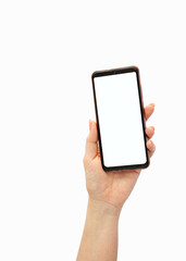 female hand holding a phone on a white background, vertical