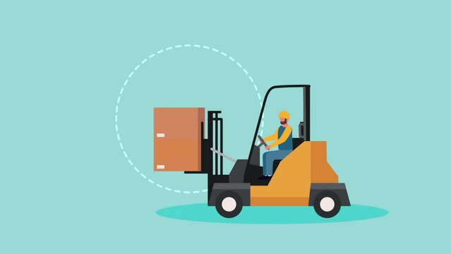 logistic service worker driving forklift with boxes