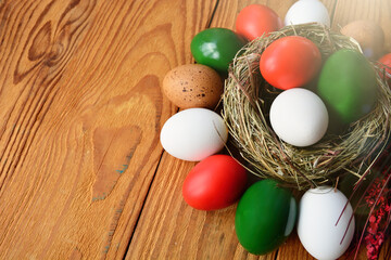 Easter eggs as the color of the Italian, Hungarian, Bulgarian flag red, white, green. Happy Easter holiday card for Italy, Bulgaria, Hungary