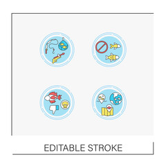  Fishing industry concept icons set. Manufacturing of ready-made fish products. Nature protection. Business. Vector isolated conception metaphor illustrations.Editable stroke
