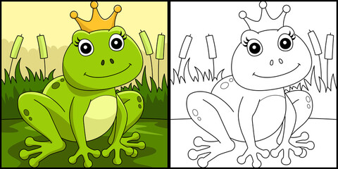 Frog With A Crown Coloring Page Illustration