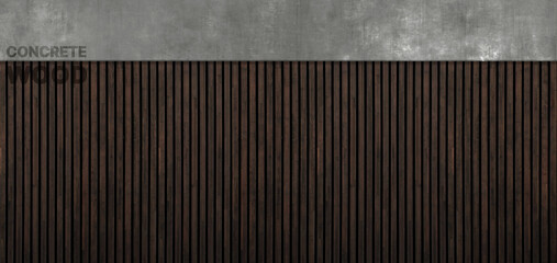 A Wall Of Old Oiled Natural Narrow Wooden Boards In Style Of Lamellas With Concrete Header Good As Presentation Template