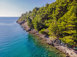 Picturesque sea Adriatic coast of Montenegro. Turquoise Mediteran sea and rocky shore with evergreen coniferous trees. Wonderful summer landscape. Drone