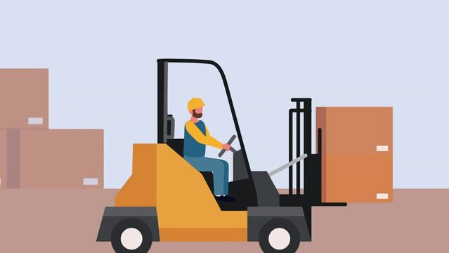 logistic service worker driving forklift with boxes scene