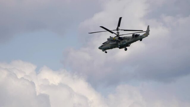 Demonstration of the Kamov Ka-52 Alligator attack helicopter of the Russian Air Force at MAKS-2021, Russia.