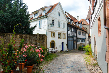 Fototapeta na wymiar A quiet street of a small old German town Bad Wimpfen, streets and old houses of the historic quarter