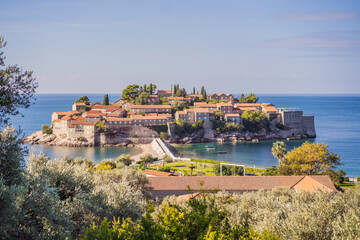 Fototapeta na wymiar Beautiful view of the island of St. Stephen, Sveti Stefan on the Budva Riviera, Budva, Montenegro