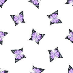 Watercolor purple butterflies seamless pattern on white