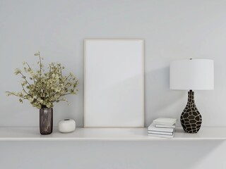 Blank vertical frame mockup with table lamp, books and ornamental plants. 3d rendering, interior design, 3d illustration