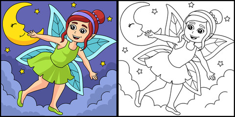 Flying Fairy Coloring Page Colored Illustration