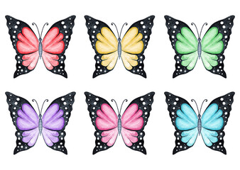 Watercolor colored butterflies set isolated on white