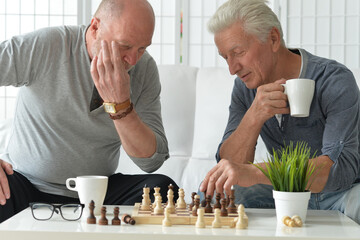 senior men playing chess at home
