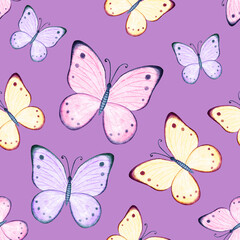 watercolor pastel butterflies seamless pattern on purple