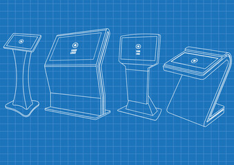 Blueprint of four Promotional Interactive Information Kiosk, Advertising Display, Terminal Stand, Touch Screen Display. Mock Up Template.