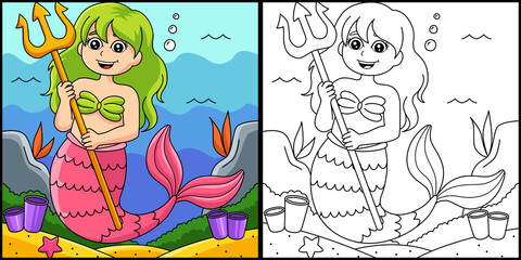Mermaid Holding Trident Coloring Page Illustration