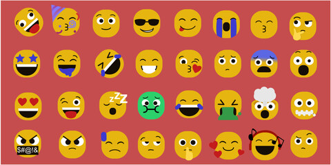 Set of 31 simple designer smiley faces, thirty-one smiley faces with varied emotions. Smiles, sadness, anger, surprise, happiness, sleep, among other types of emotions, and with a light red background