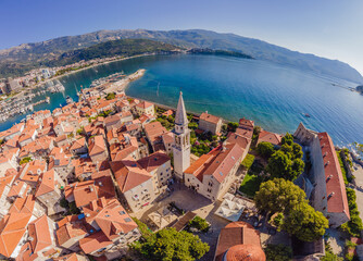 Naklejka na ściany i meble Old town in Budva in a beautiful summer day, Montenegro. Aerial image. Top view