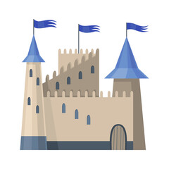 Medieval kingdom castle or royal fortress. Fairy-tale buildind of middle ages historic period. Vector building exterior design