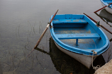 Old blue wooden rowboat moored at the edge of a lake