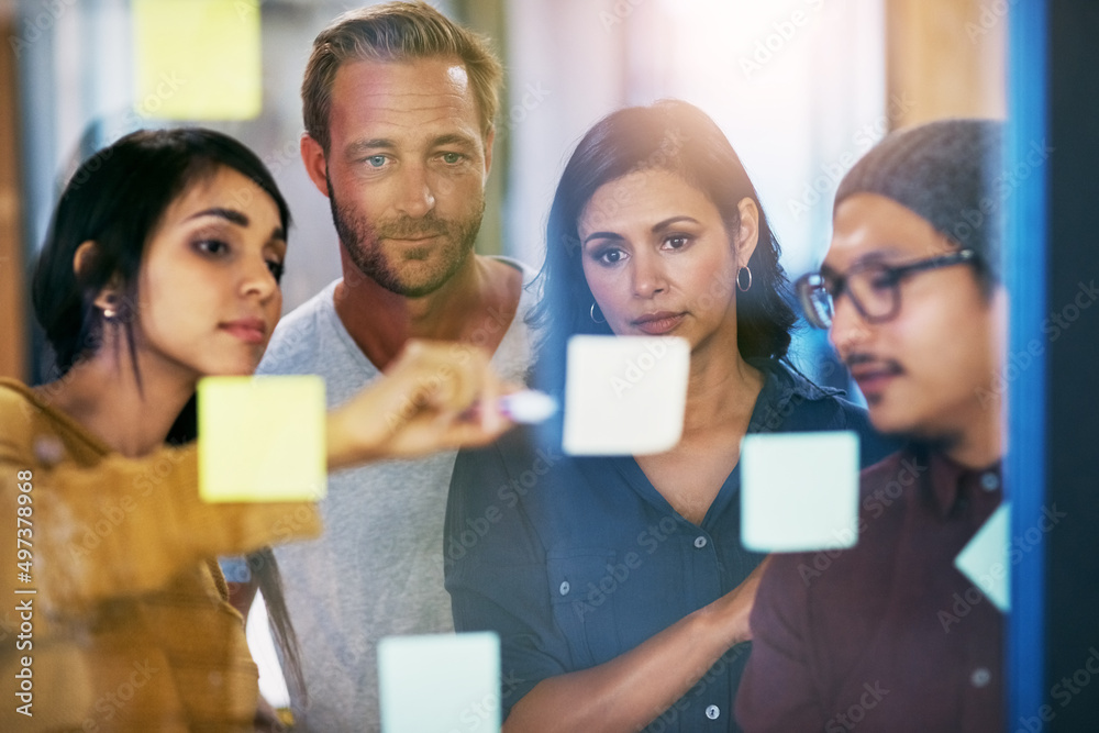 Wall mural Forming the best strategy together. Shot of a group of businesspeople brainstorming with notes on a glass wall in an office.