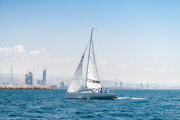 Fototapeta premium Sailboat near Limassol coast, Cyprus