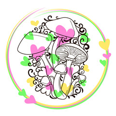 Illustration of mushrooms with hearts and monograms in a round frame. Drawn in doodle style in black and pastel colors. Vector illustration isolated on white background