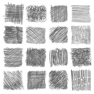 Sketch hatching pen. Pen scribble effects. Doodle freehand sketchy clipart. Messy hand drawn monochrome pattern. Square shape set with outline ornaments