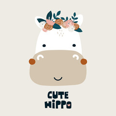 Cute white hippo with floral wreath. Childish print. Vector hand drawn illustration.  - 497379564