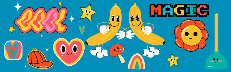 Stickers and icons. Vector stock illustration. Modern style. Comic. Cartoon. blue background