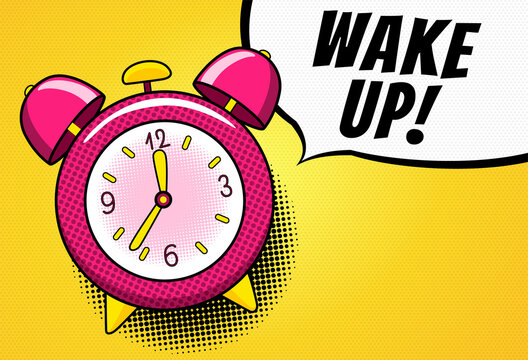 Comic alarm clock. Pop art colorful and dynamic cartoonish icon in retro style. Vector bright cartoon object with halftone dots shadow and expression wake up in speech bubble