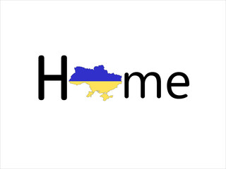 Map of Ukraine. HOME text in national yellow blue colors of Ukraine.