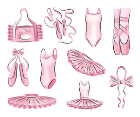 Ballet accessories with pink ballet dress, tutu skirt and pair of pointe-shoes, bow and long satin ribbons. Set of hand drawn ballerina accessories. Vector objects in sketch style - obrazy, fototapety, plakaty