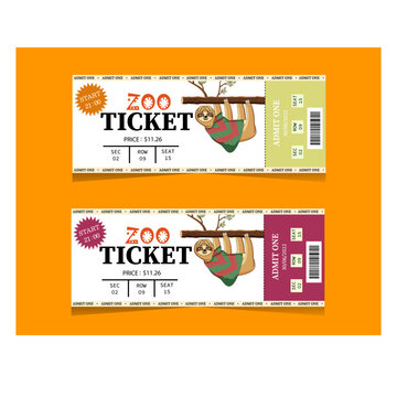 Zoo tickets. Sloths on the ticket. The invitation. A set of coupons. Orange background. Vector stock illustration.
