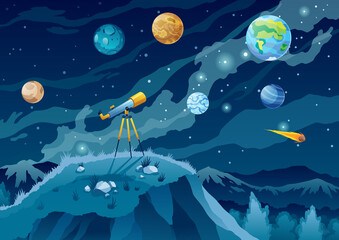 Telescope for space exploration, science discovery and astronomy studying. Against the background of a dark sky with stars and planets. Night landscape with glass on tripod on hill © the8monkey