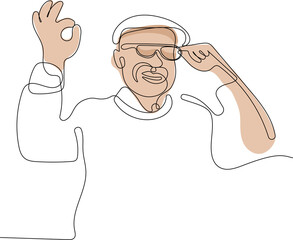 One continuous line is the concept. Vector illustration. Continuous line drawing of happy senior man with glasses and an eye examination test