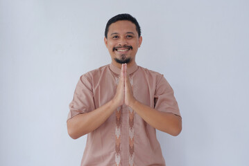 happy asian man with greeting hand gesture