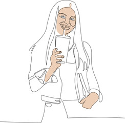 Continuous one line drawing of female in jacket keeping one hand in pocket and drinking lemonade. Attractive girl looking at camera, smiling and posing. Minimal outline concept. Vector illustration