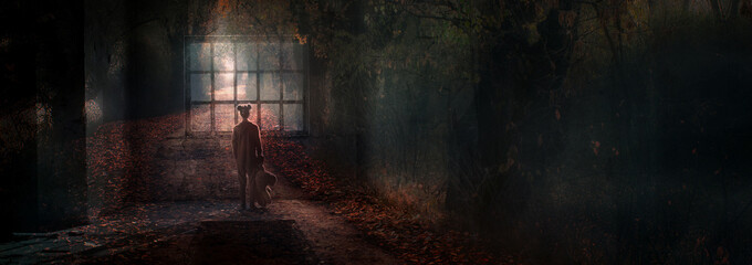 Fantasy dreamlike photo manipulation showing lost little girl in abandoned building looking through...