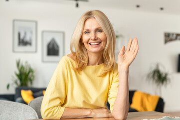 Senior and energetic caucasian female is ready for an online interview on a video call, sitting at the desk and looking and waving at the camera, saying hello. Job hunting concept