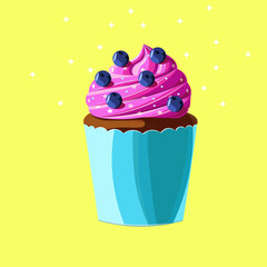 Beautiful cake with strawberry cream and blueberries on top. Fashion illustration of yummy for advertising, banners, posters, logo. Modern food design, isolated on the yellow background.